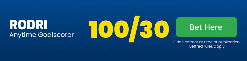 Rodri anytime goalscorer in Man City vs Man United at 100-30