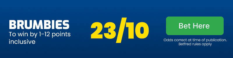Brumbies to win by 1-12 points inclusive at 23/10